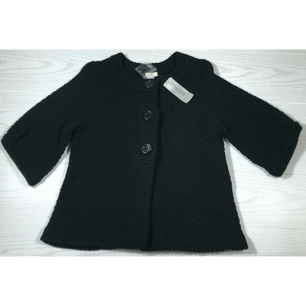 Chico's Lizzie Cardigan Sweater Women Medium Black 3/4 Sleeve Wool Blend Mom New
